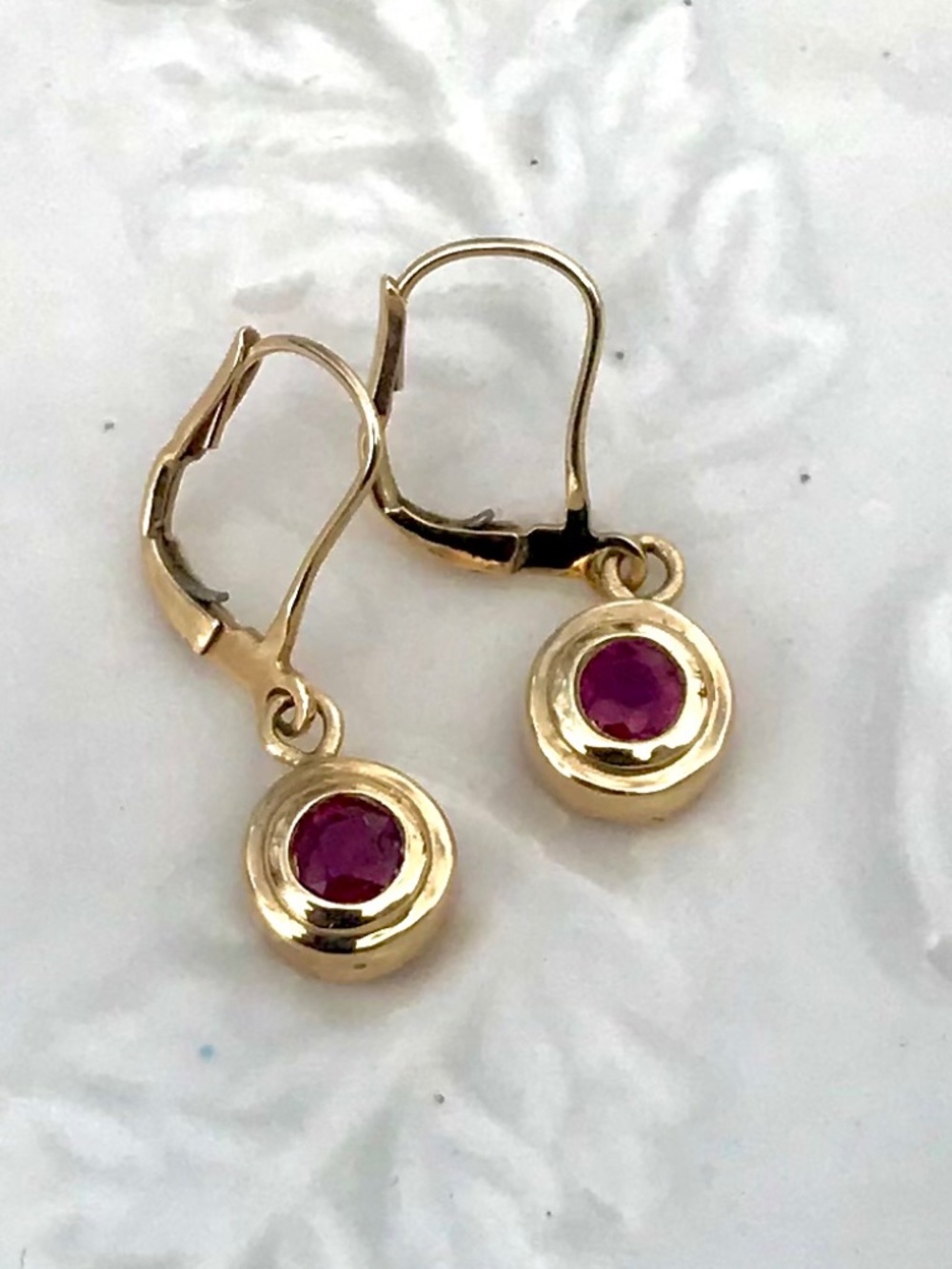 14k Gold Bezel Set Round Ruby Lever Back Dangling Earrings
